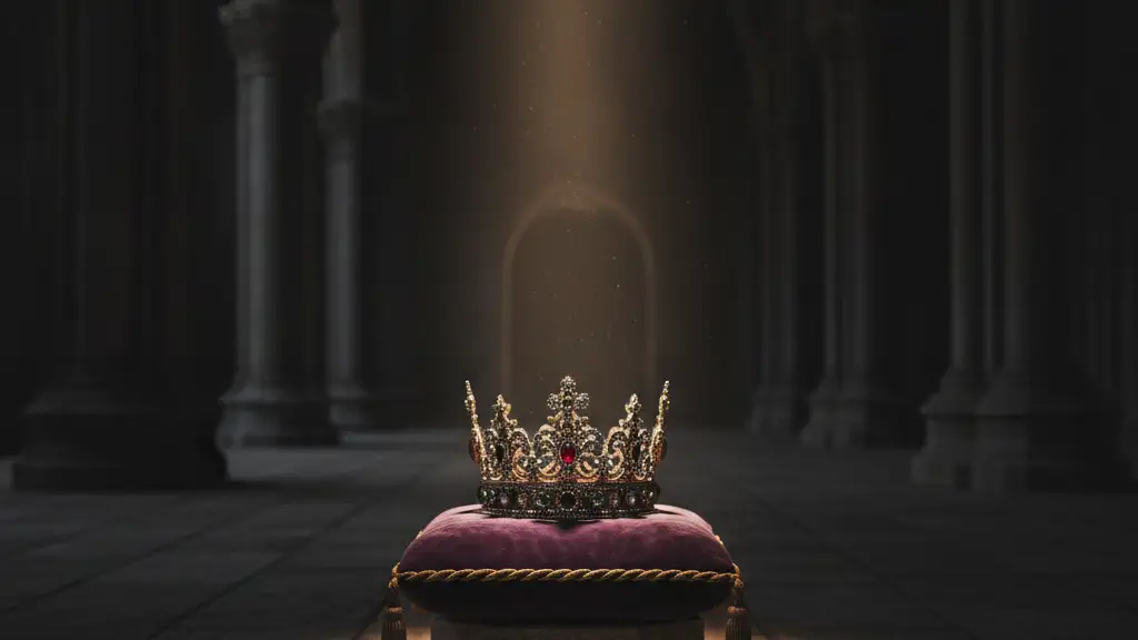 An ornate crown rests on a purple velvet cushion in a softly lit, empty hall.
