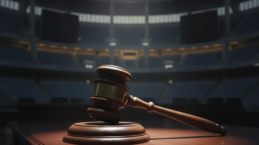 A heavy wooden gavel on a polished mahogany desk, dramatic lighting.