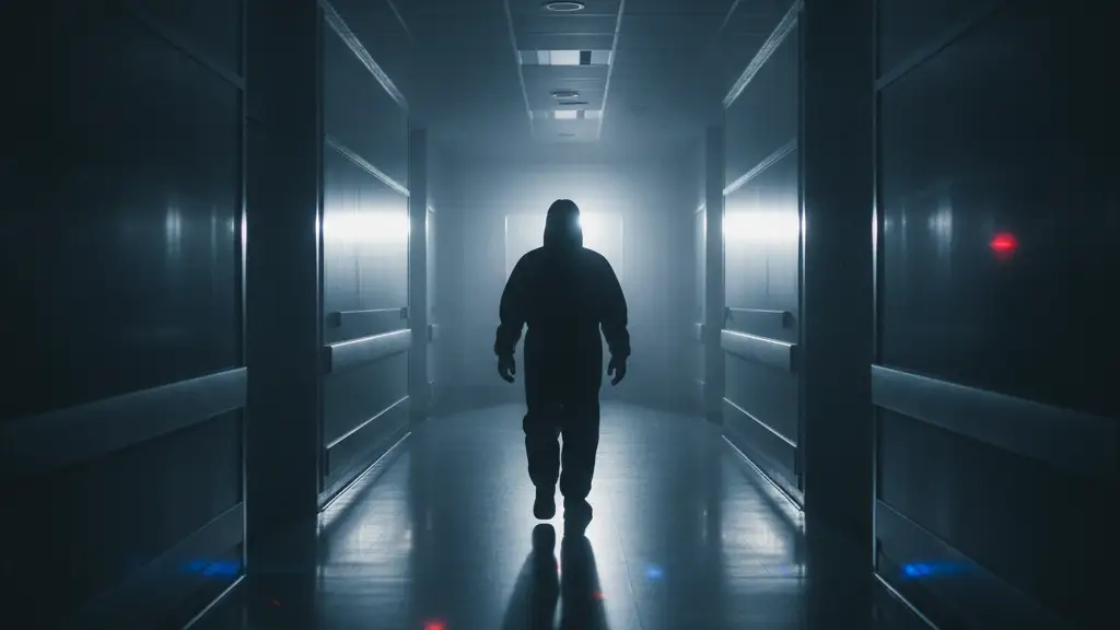 Blurred figure in hazmat suit walking down a sterile hospital corridor.