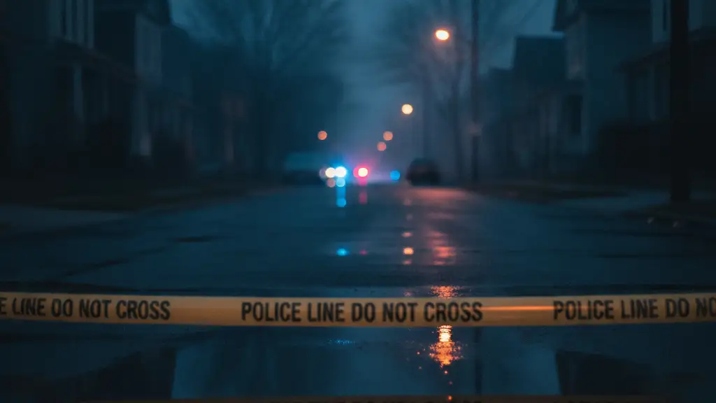 Emergency lights reflect in a puddle with police tape, distant smoke.