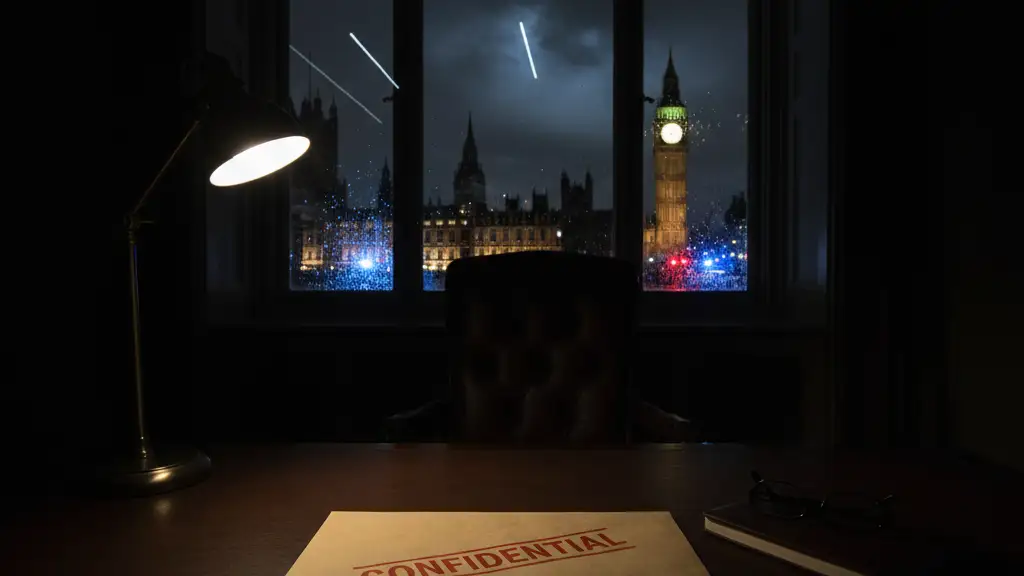 A confidential file folder on a desk with the blurred UK Parliament in the background.
