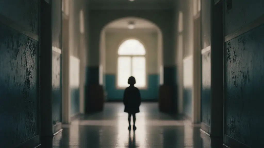 A small, silhouetted child stands alone in a long, empty school hallway.