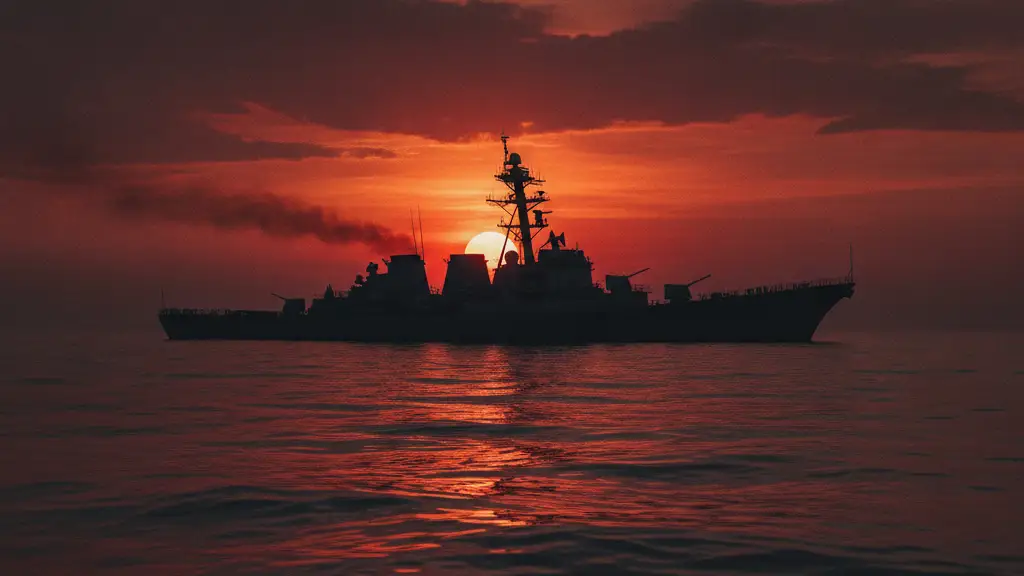 Naval vessel silhouette against a fiery sunset over a turbulent, oil-slicked sea.