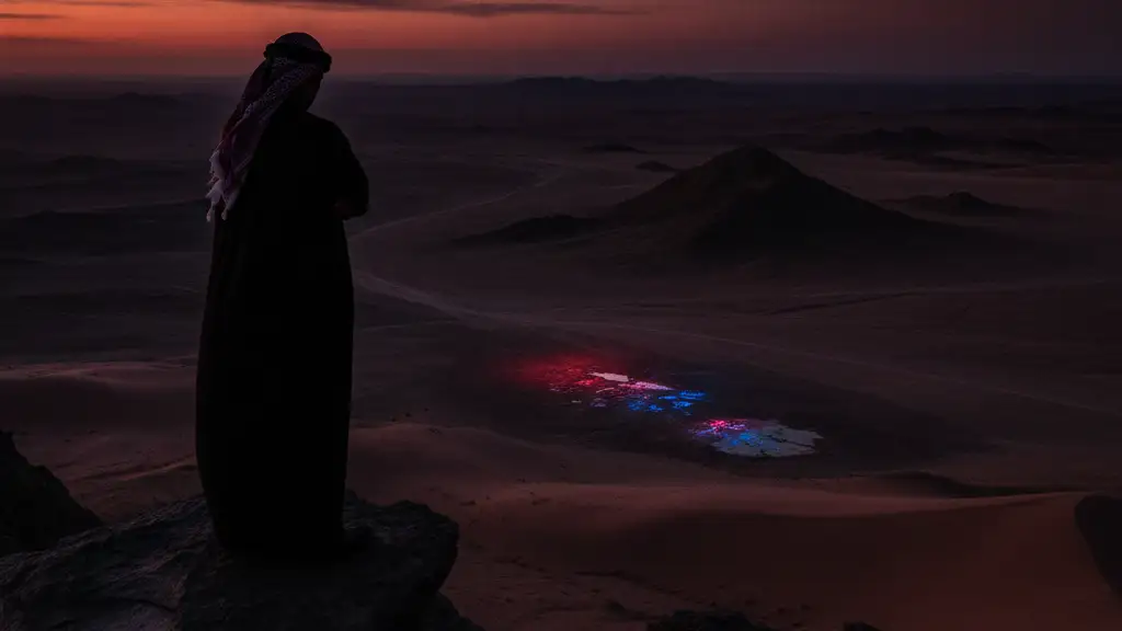 Silhouetted figure overlooking a desert landscape with distant emergency lights.