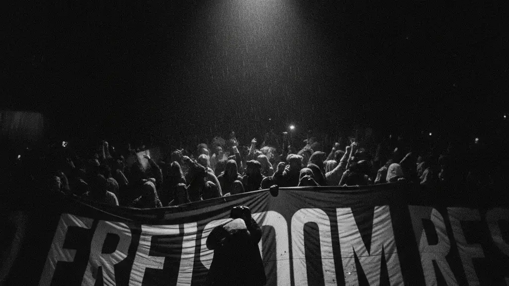 Blurred banner with text, held by silhouetted figures in dramatic lighting.