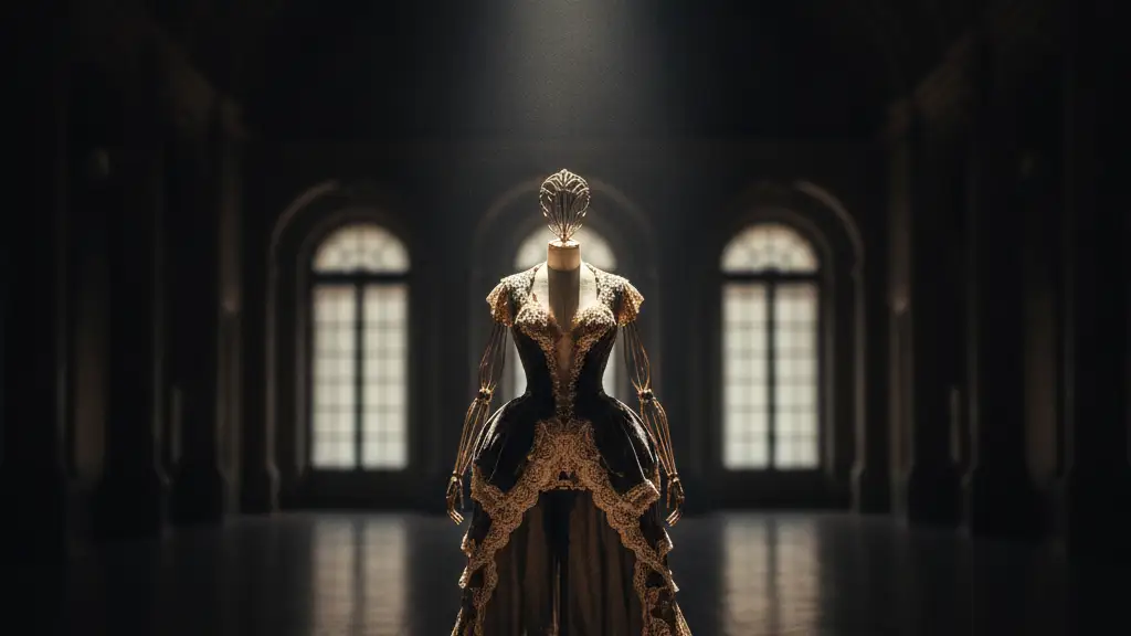 Empty dress form under a spotlight on a grand, dimly lit museum stage.