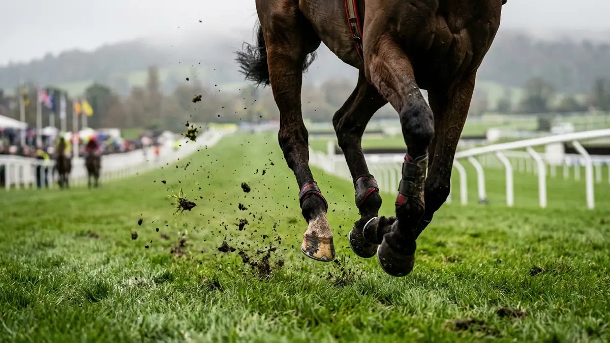 Close-up of a racehorse's hooves galloping on a green grass track with kicked-up turf.