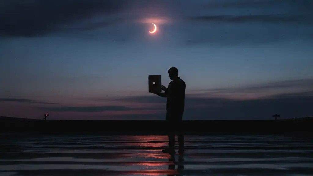 Silhouette of a person on a rooftop using a pinhole projector during a solar eclipse.