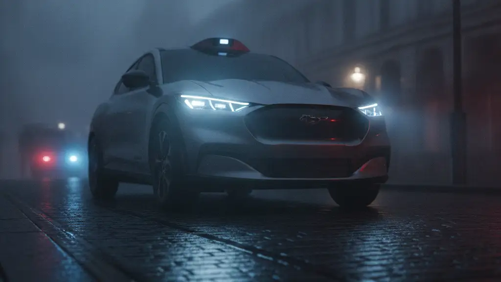 Futuristic self-driving robotaxi in London fog, reflecting distant emergency lights.