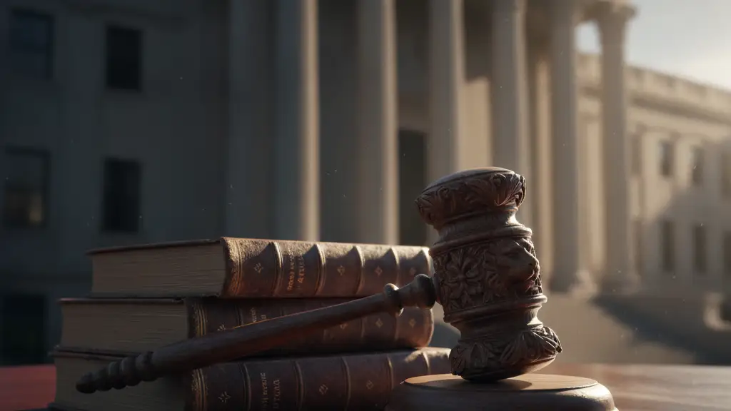 A heavy wooden gavel rests on law books on a mahogany desk.