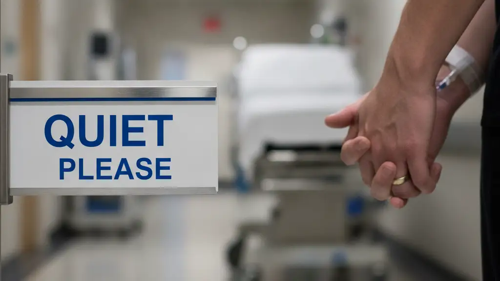 Blurred hospital corridor with 'Quiet Please' sign and hands clasped in concern.
