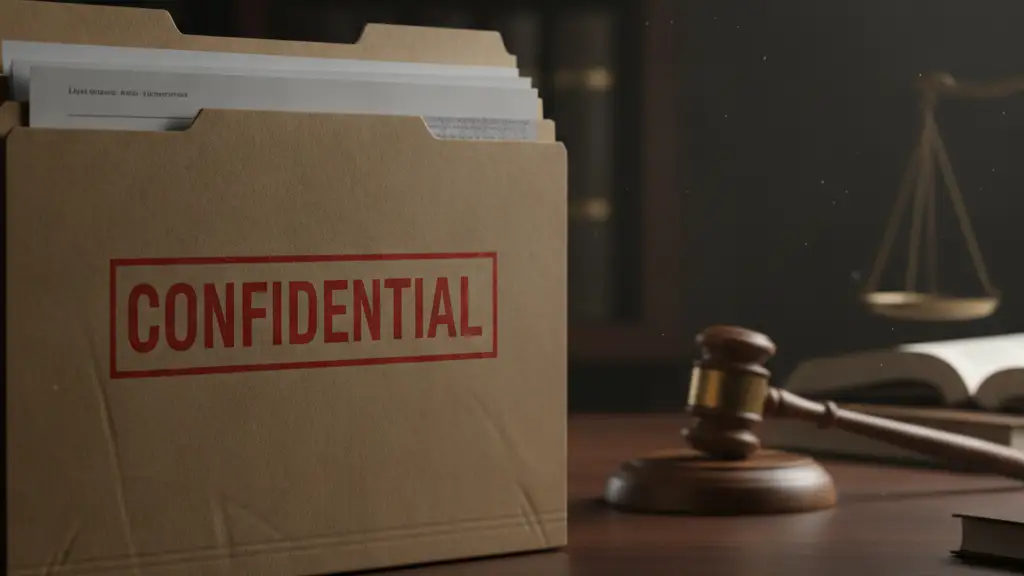 Confidential file folder on a dark desk with a blurred gavel.