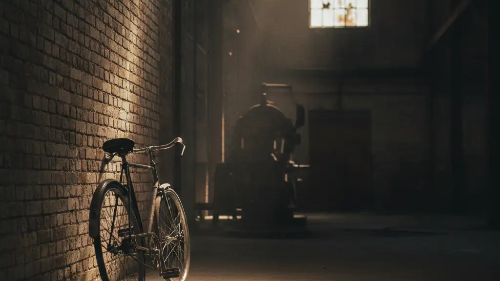 A vintage Raleigh bicycle leans against a brick wall in an empty, dusty factory.