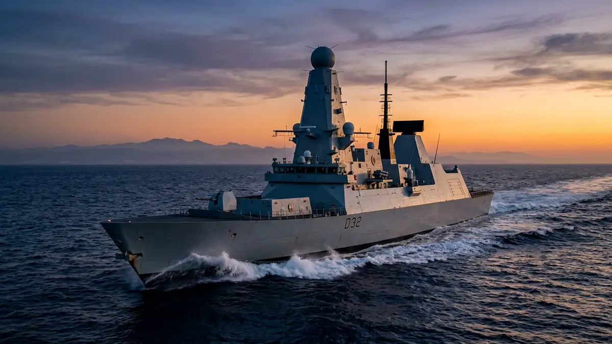 A British Type 45 destroyer sailing through the Mediterranean Sea at sunset.