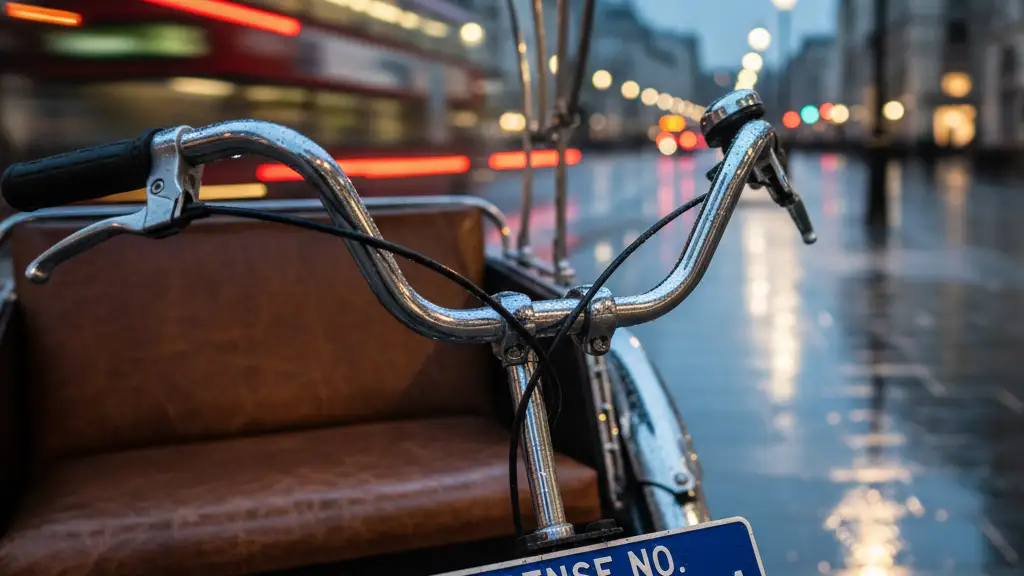 Close-up of a regulated London pedicab with an official license plate on a city street.