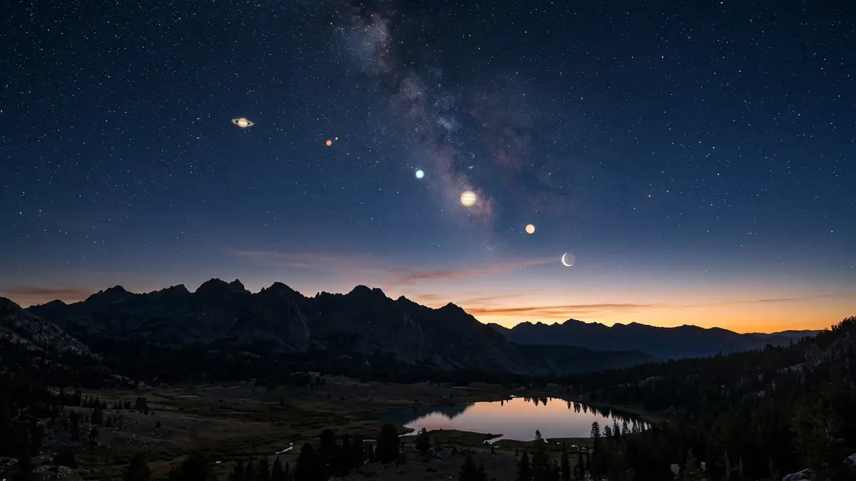 Six planets aligned in a diagonal row above a dark mountain silhouette at dawn.