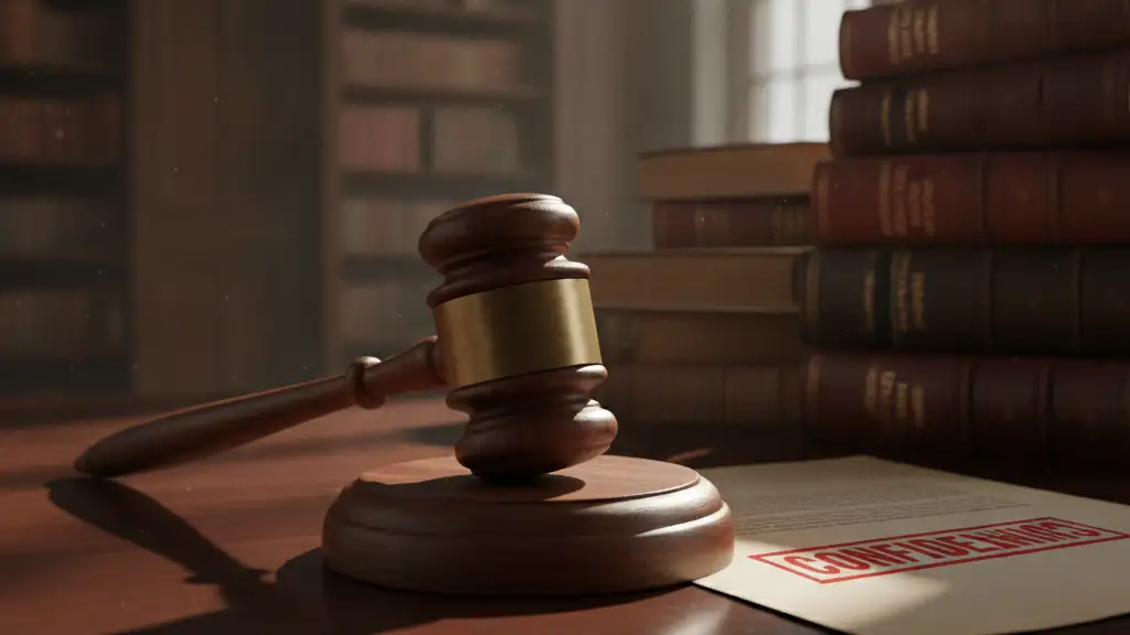 A heavy wooden gavel on a mahogany desk with confidential legal documents.