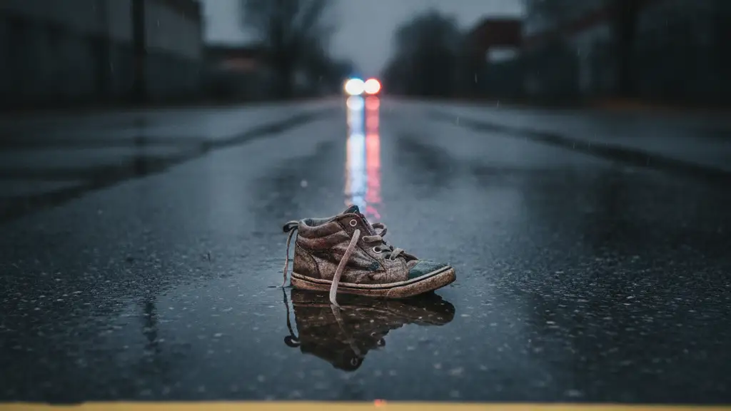 A single child's shoe on a wet road, reflecting emergency lights, with police tape.