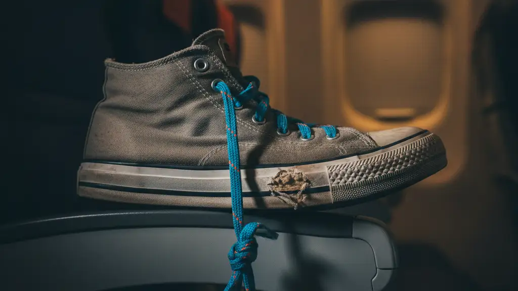 A single sneaker rests on an airplane seat, hinting at a mid-flight dispute.