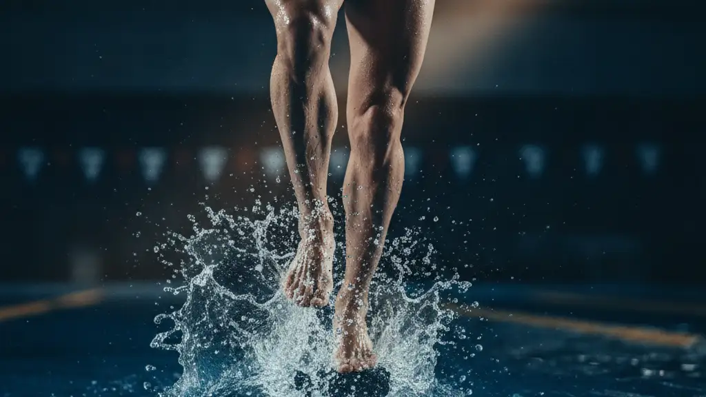 Swimmer's powerful legs pushing off a starting block, water splashing dramatically.