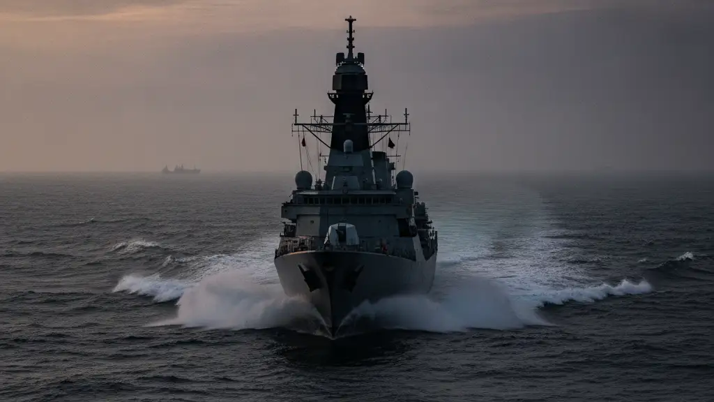 Royal Navy warship silhouette against a stormy sea at dawn, small boats in the distance.
