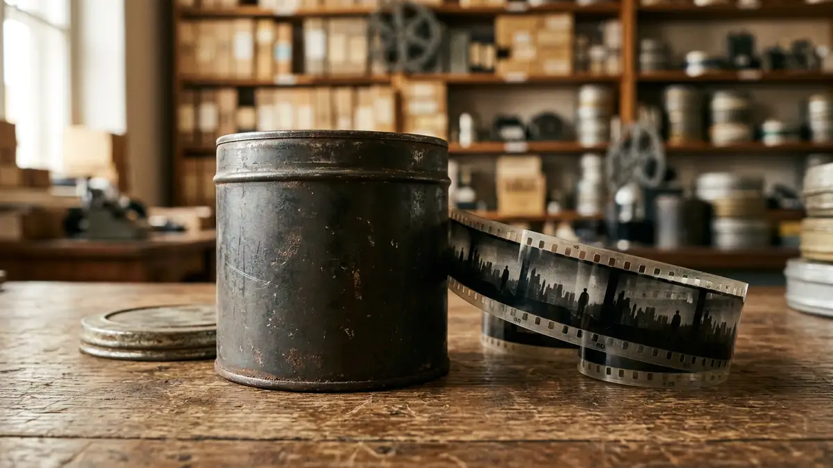 A vintage film canister and unspooled 16mm celluloid film on a wooden archival desk.