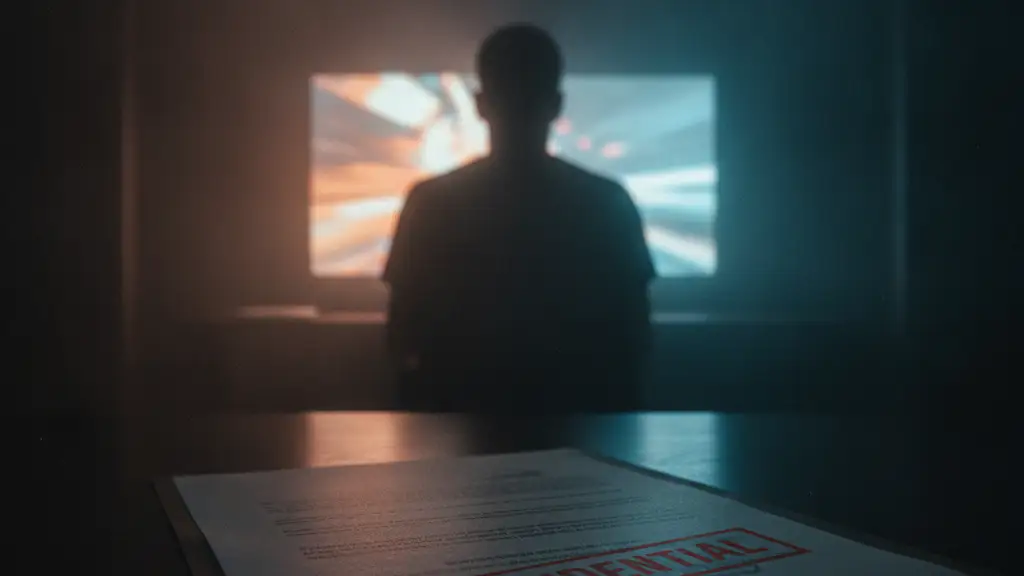 Silhouette watching a blurred TV, confidential document in foreground.