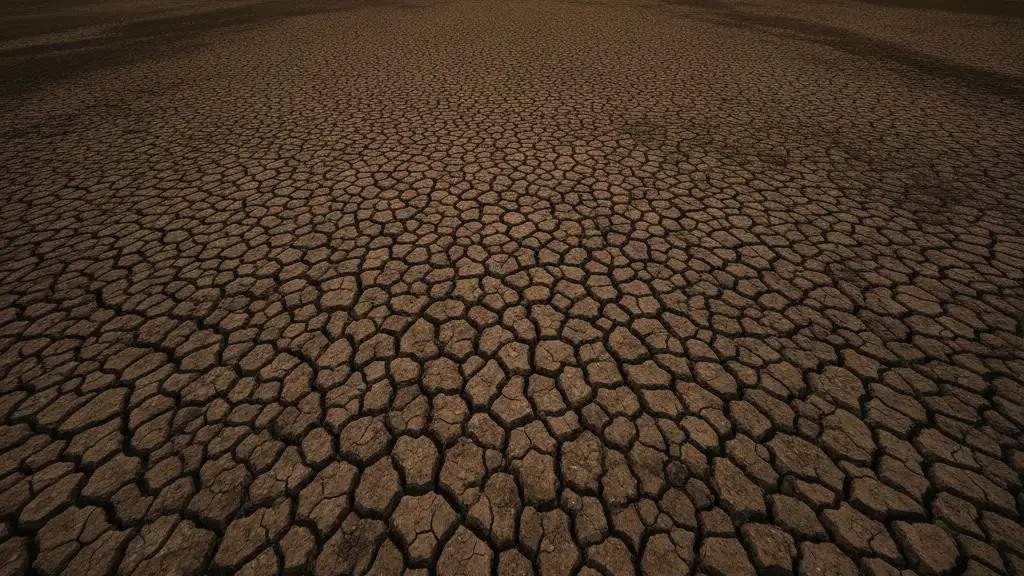 Vast, cracked earth landscape, dry and parched, under a hazy sky.
