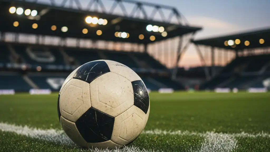 A soccer ball on a white stadium line under bright evening floodlights.