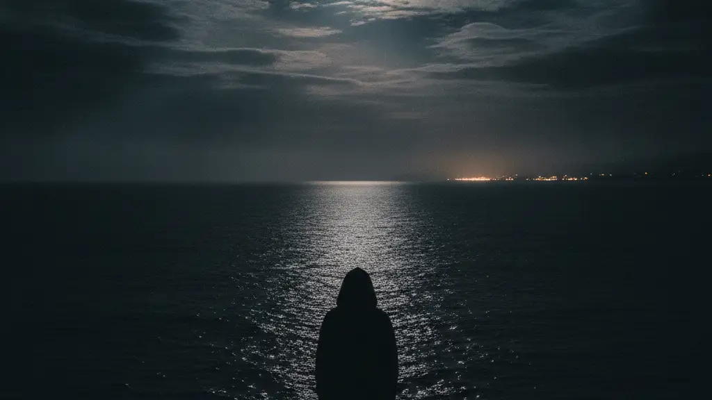 Silhouetted figure at ocean's edge, looking towards a distant, blurred coastline.