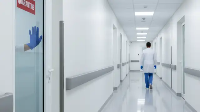 Gloved hand on a frosted hospital door with a partial 'quarantine' sign.