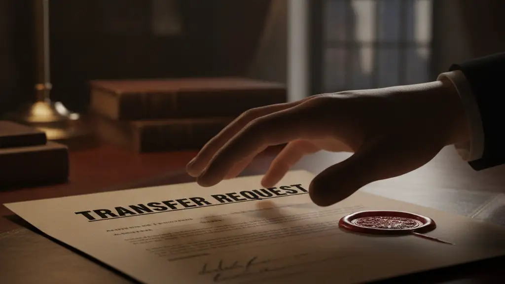 A blurred hand reaching for a document stamped 'TRANSFER REQUEST' on a dark desk.