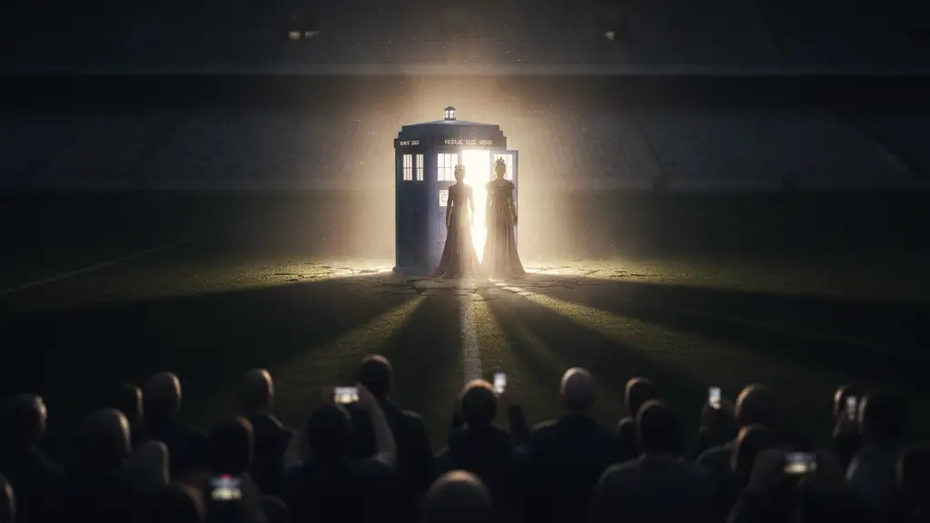 Two silhouetted figures emerge from a glowing blue police box at a stadium.