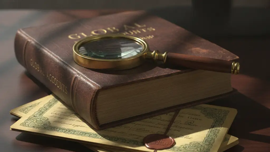 Close-up of an antique financial ledger with a magnifying glass on a dark desk.