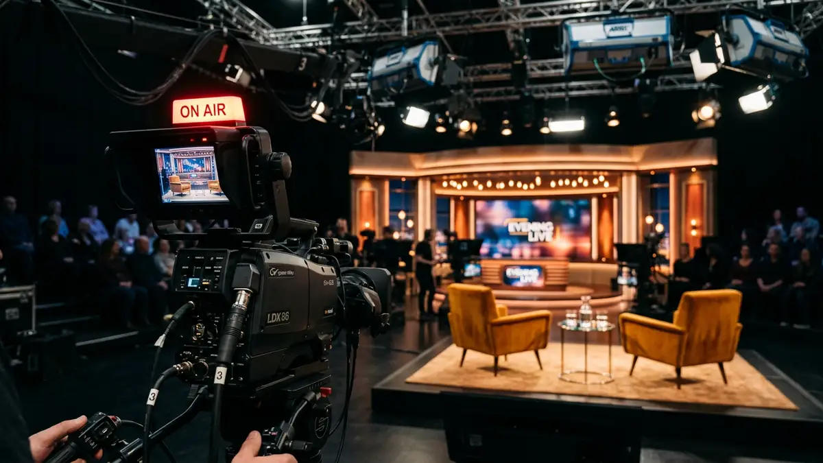 A professional television studio set with an 'On Air' camera and empty interview chairs.