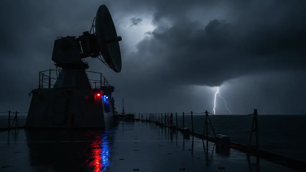 Silhouette of a warship's radar dish against a stormy sky with emergency lights.