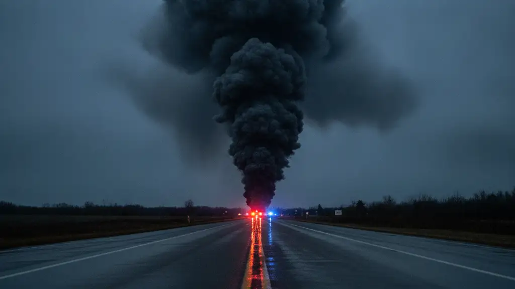 Thick dark smoke rising into a twilight sky, with distant emergency lights.