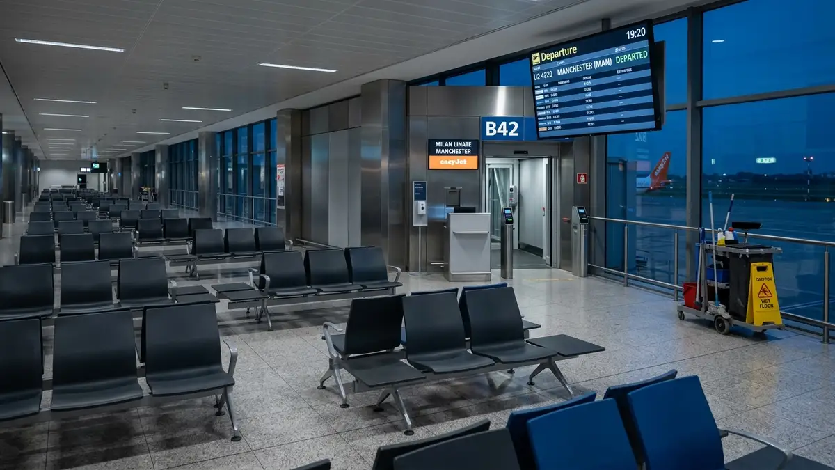 Empty airport gate with 'Departed' flight status on a digital board.