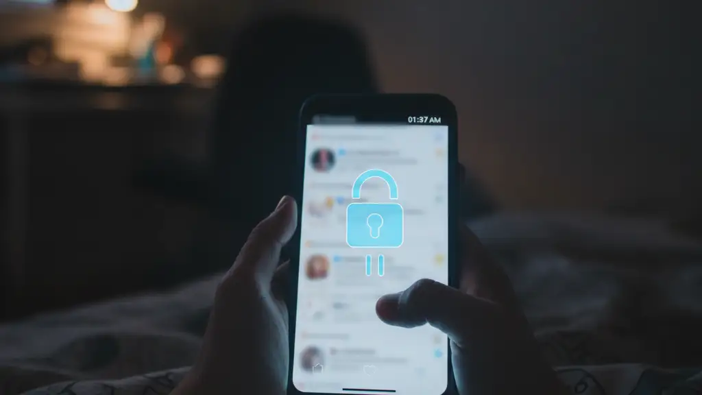 Teenager's hands holding a glowing smartphone in a dark room, showing a digital curfew.