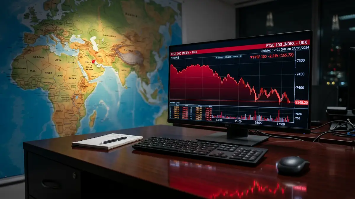 A red financial graph trending downwards on a computer screen in a dark office.