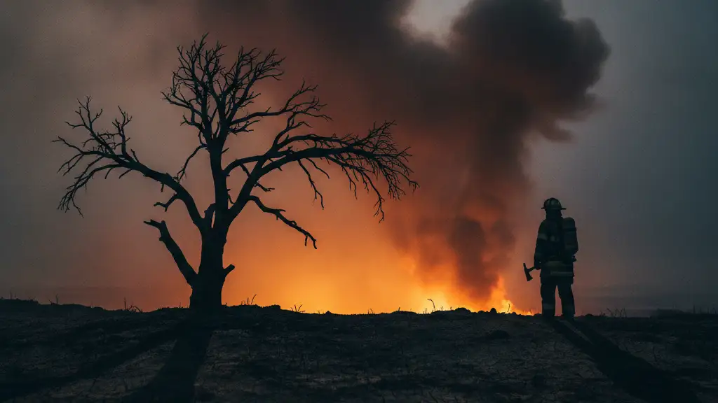 Silhouetted firefighter against distant orange glow and smoke from wildfires.
