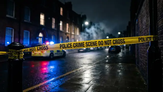 Police tape across a London street at night with emergency lights reflecting on wet pavement.