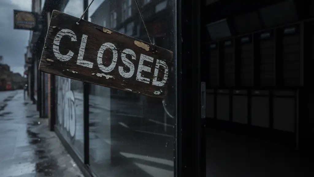 A 'CLOSED' sign on a betting shop door, interior dark and empty.