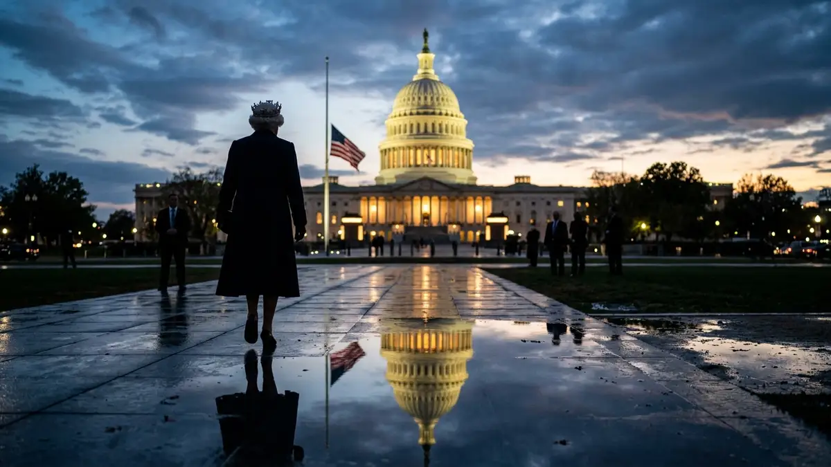 Silhouette of a monarch walking towards the illuminated U.S. Capitol Building at dusk.