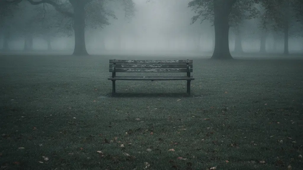 Yellow police tape in a misty, empty park at dawn, a lone bench visible.