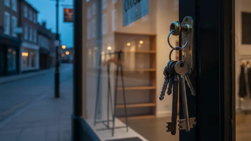 A set of keys in a shop door lock on a quiet evening high street.