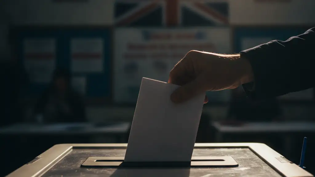 A hand casts a ballot into a ballot box at a polling station.