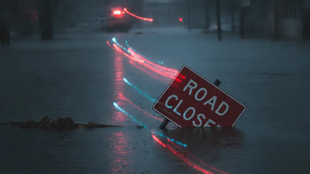 A 'ROAD CLOSED' sign partially submerged in floodwaters with emergency light reflections.