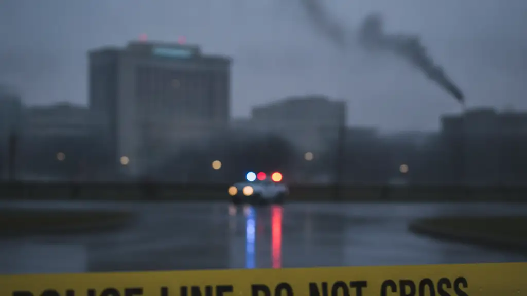 Police tape in foreground, blurred hospital building with emergency lights and smoke in distance.