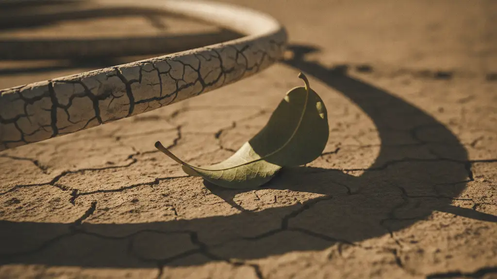 A parched, cracked garden hose on dry earth with a wilting leaf.